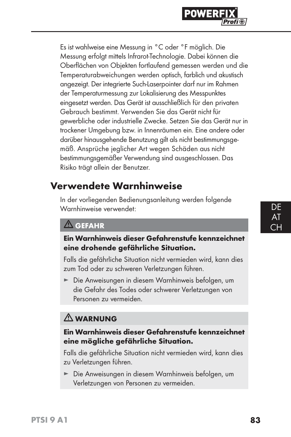 Verwendete warnhinweise, De at ch | Powerfix PTSI 9 A1 User Manual | Page 86 / 100