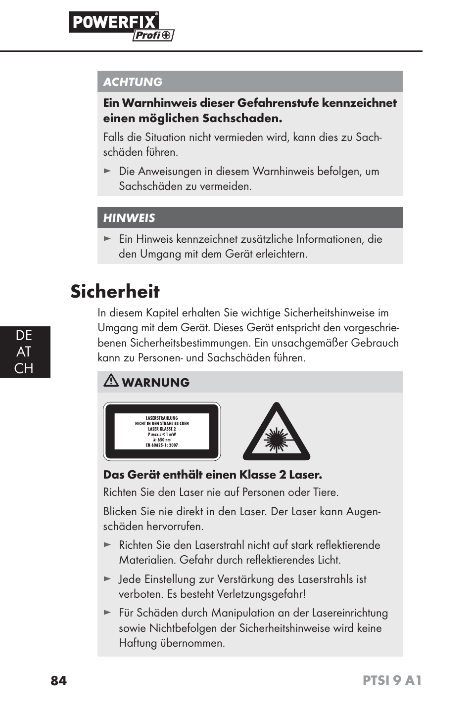 Sicherheit, De at ch | Powerfix PTSI 9 A1 User Manual | Page 87 / 100