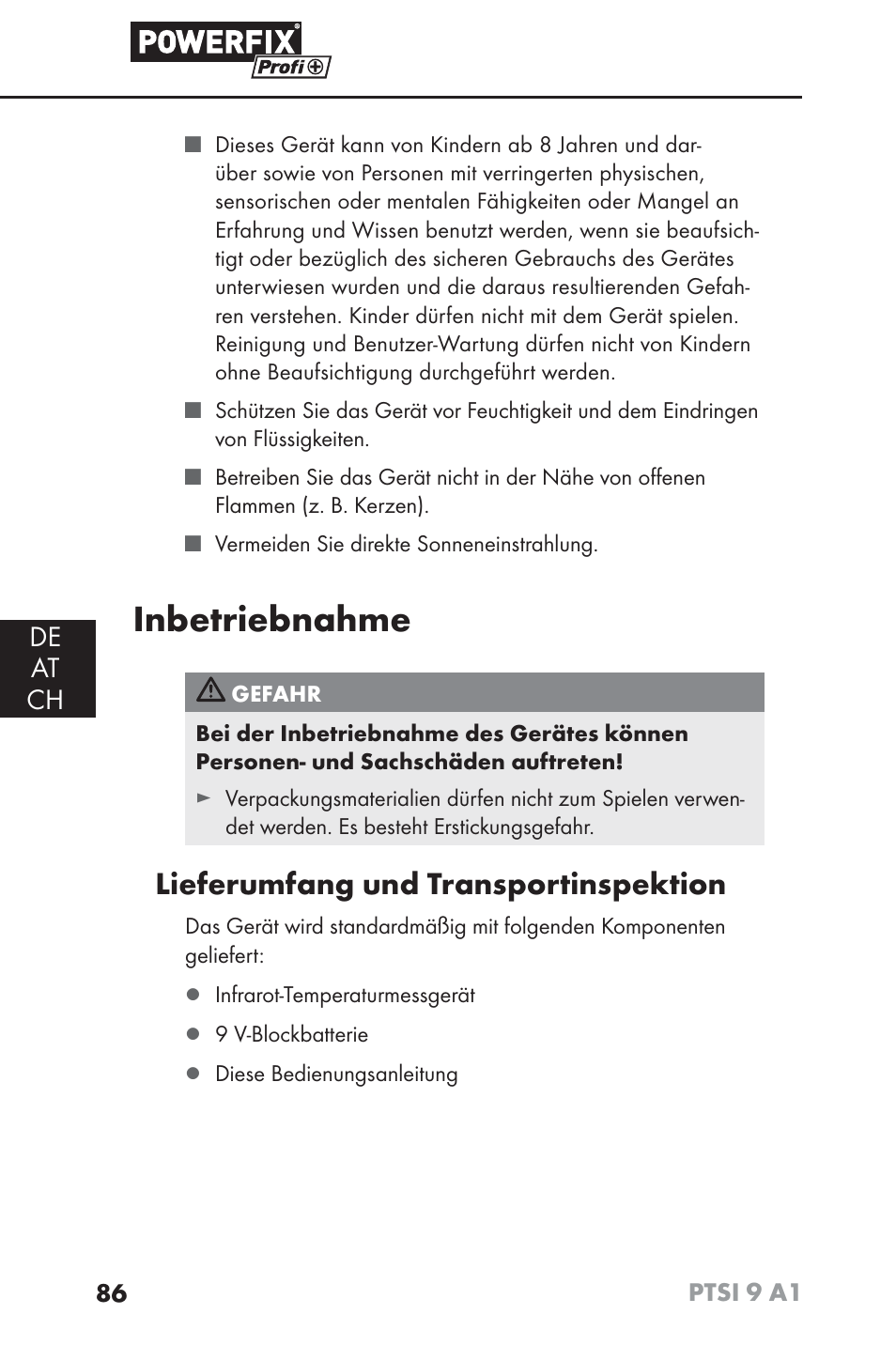 Inbetriebnahme, Lieferumfang und transportinspektion, De at ch | Powerfix PTSI 9 A1 User Manual | Page 89 / 100