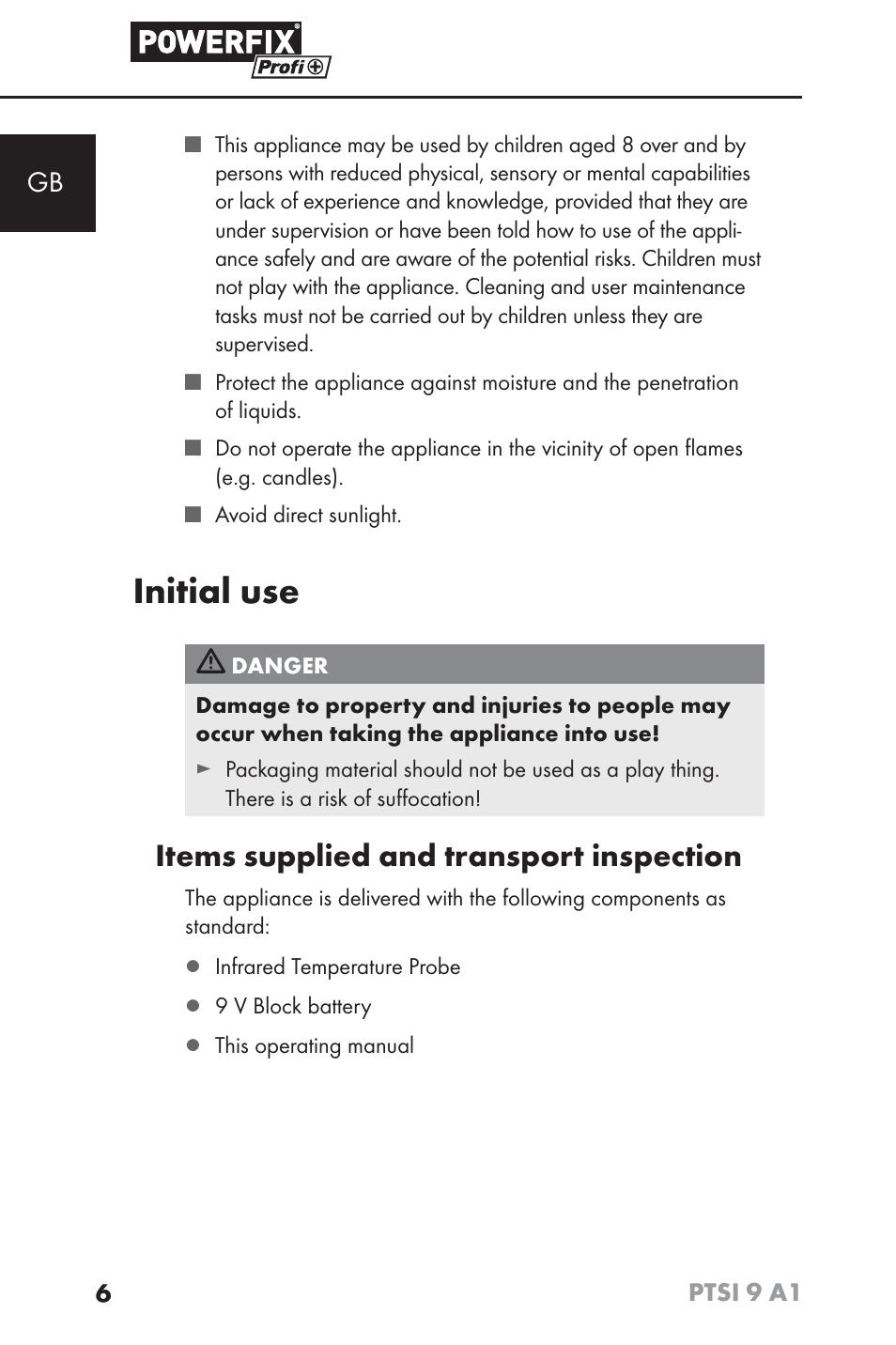 Initial use, Items supplied and transport inspection | Powerfix PTSI 9 A1 User Manual | Page 9 / 100