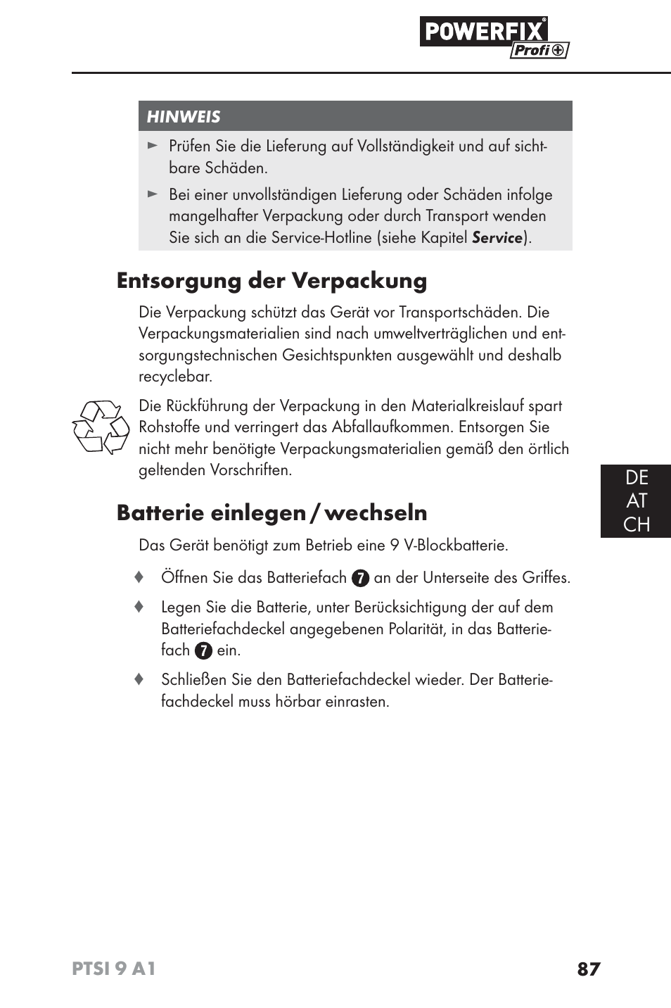 Entsorgung der verpackung, Batterie einlegen / wechseln, De at ch | Powerfix PTSI 9 A1 User Manual | Page 90 / 100