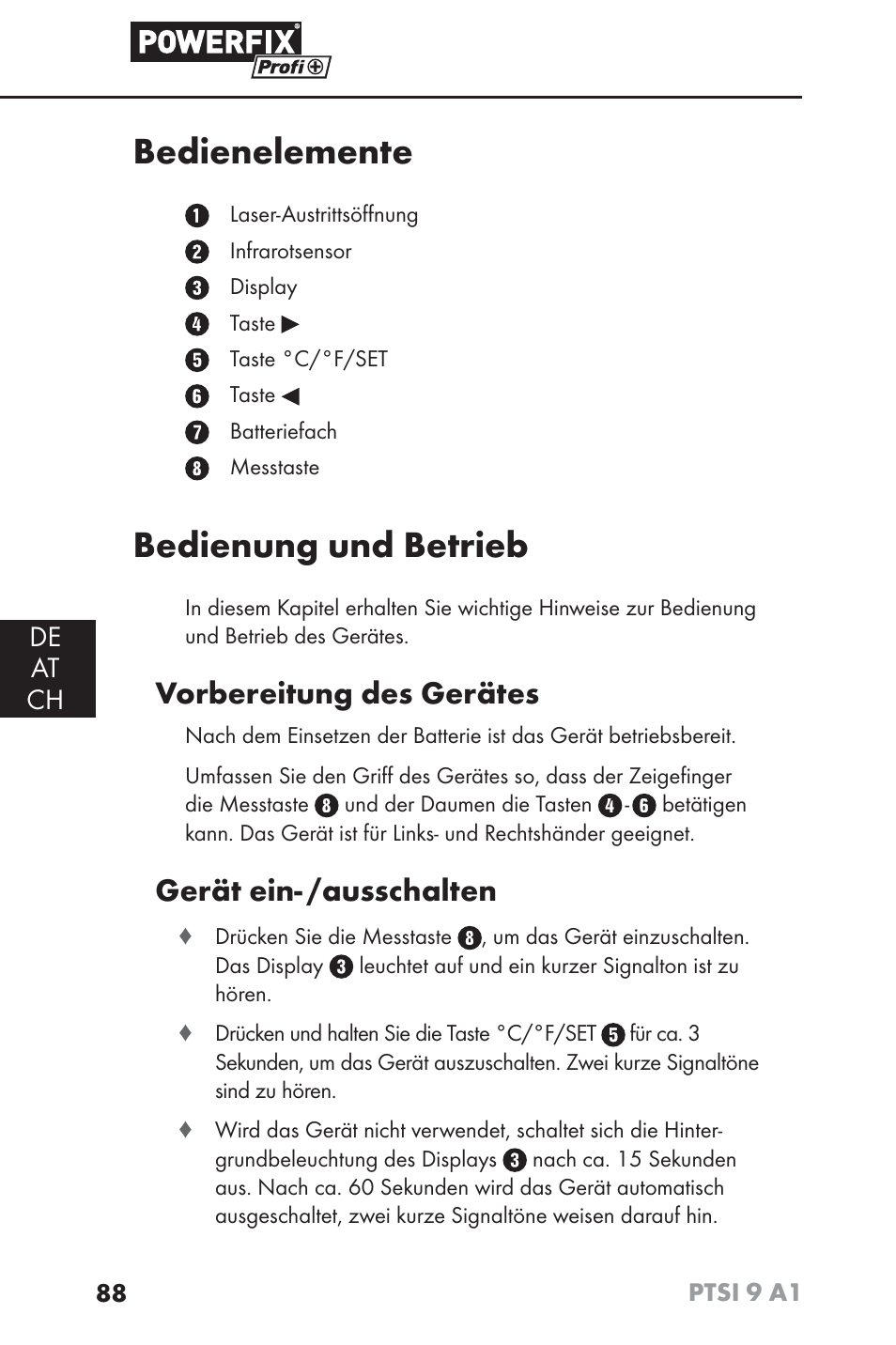 Bedienelemente, Bedienung und betrieb, Vorbereitung des gerätes | Gerät ein- /ausschalten | Powerfix PTSI 9 A1 User Manual | Page 91 / 100