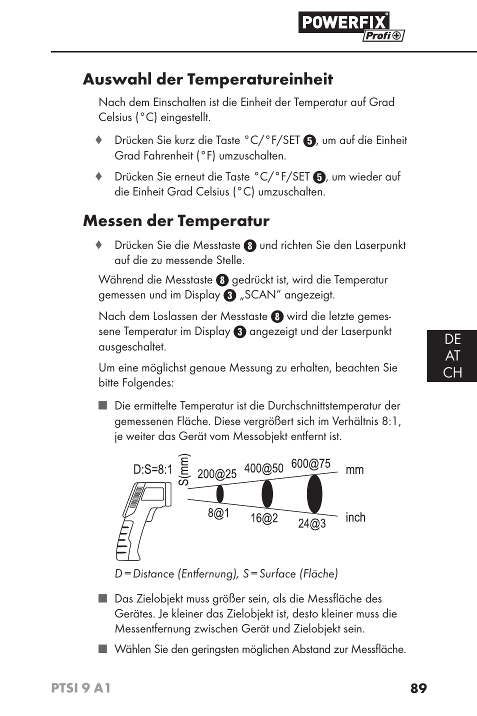 Auswahl der temperatureinheit, Messen der temperatur, De at ch | Powerfix PTSI 9 A1 User Manual | Page 92 / 100