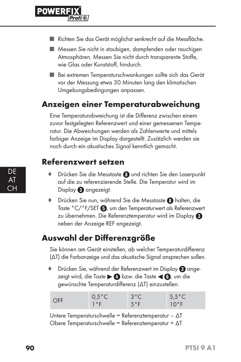 Anzeigen einer temperaturabweichung, Referenzwert setzen, Auswahl der diﬀ erenzgröße | De at ch | Powerfix PTSI 9 A1 User Manual | Page 93 / 100