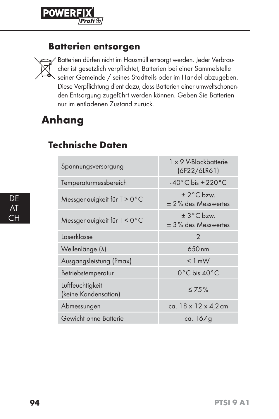 Anhang, Batterien entsorgen, Technische daten | De at ch | Powerfix PTSI 9 A1 User Manual | Page 97 / 100