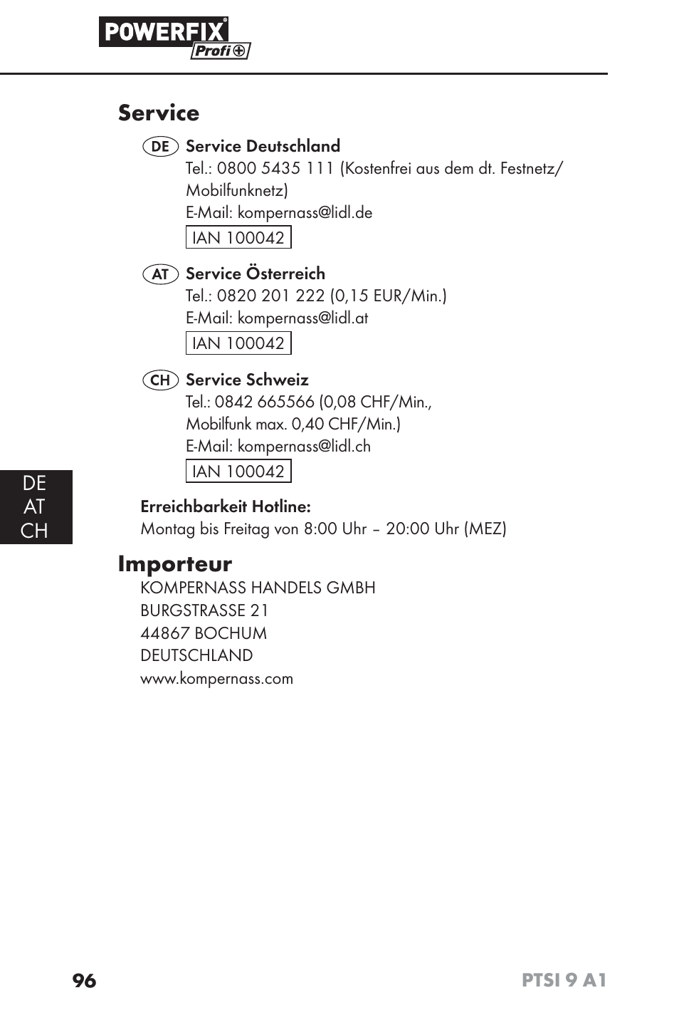 Service, Importeur, De at ch | Powerfix PTSI 9 A1 User Manual | Page 99 / 100