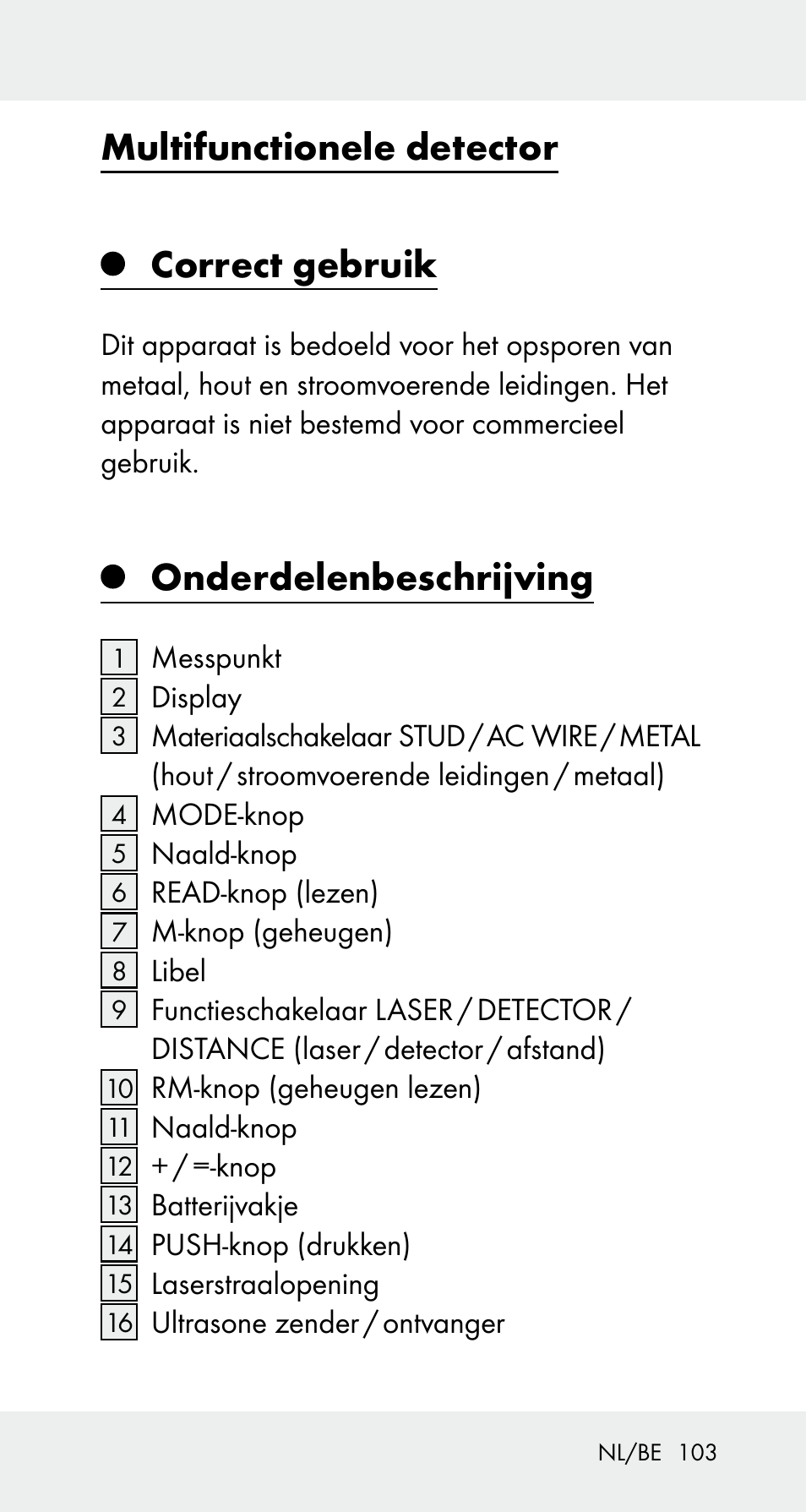 Multifunctionele detector correct gebruik, Onderdelenbeschrijving | Powerfix Z32114 User Manual | Page 103 / 141