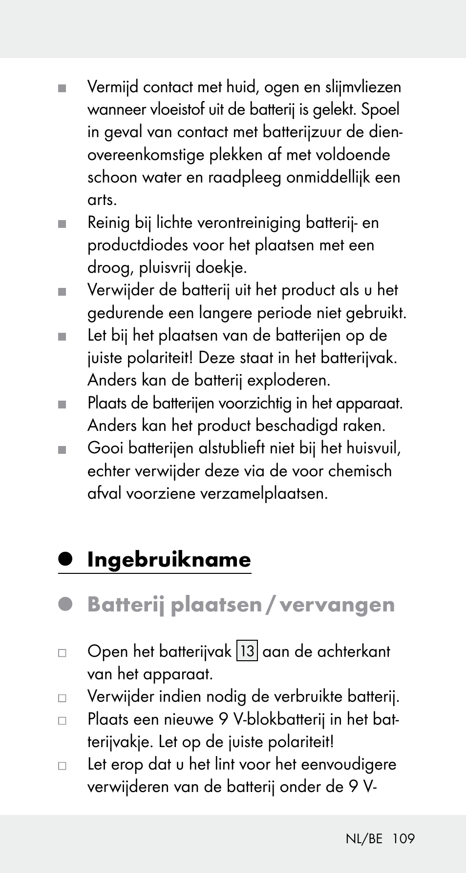 Ingebruikname batterij plaatsen / vervangen | Powerfix Z32114 User Manual | Page 109 / 141