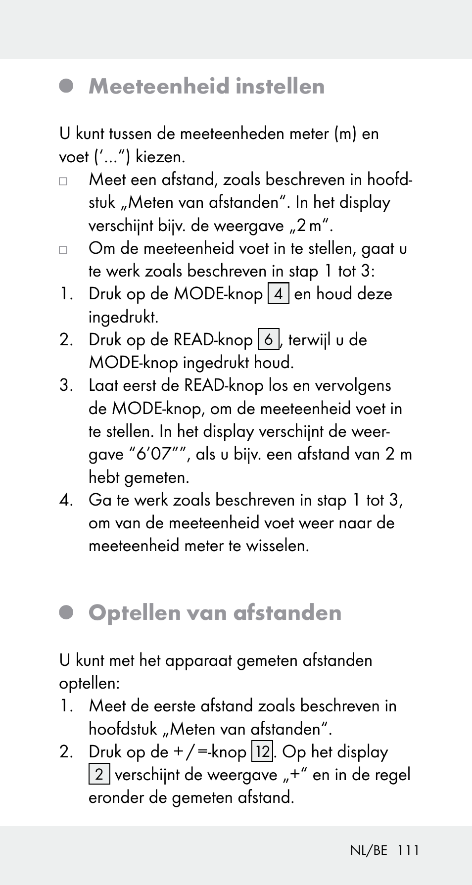 Meeteenheid instellen, Optellen van afstanden | Powerfix Z32114 User Manual | Page 111 / 141