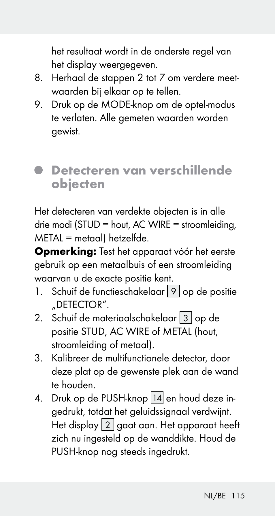 Detecteren van verschillende objecten | Powerfix Z32114 User Manual | Page 115 / 141
