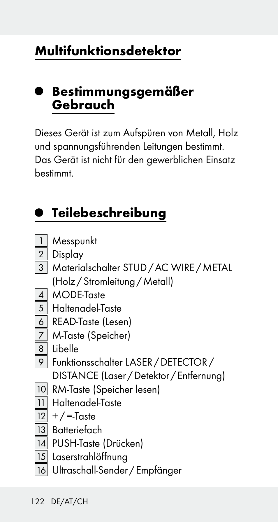 Multifunktionsdetektor bestimmungsgemäßer gebrauch, Teilebeschreibung | Powerfix Z32114 User Manual | Page 122 / 141