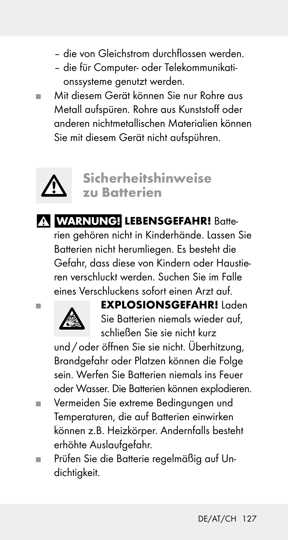 Sicherheitshinweise zu batterien | Powerfix Z32114 User Manual | Page 127 / 141