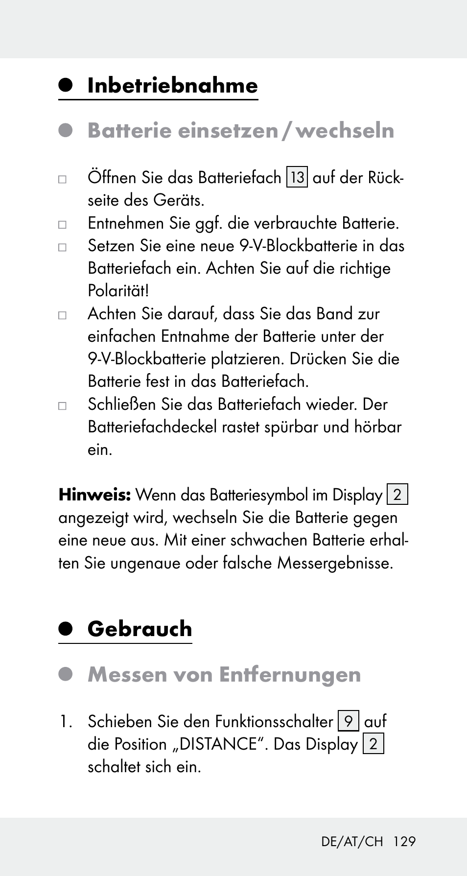 Inbetriebnahme batterie einsetzen / wechseln, Gebrauch messen von entfernungen | Powerfix Z32114 User Manual | Page 129 / 141