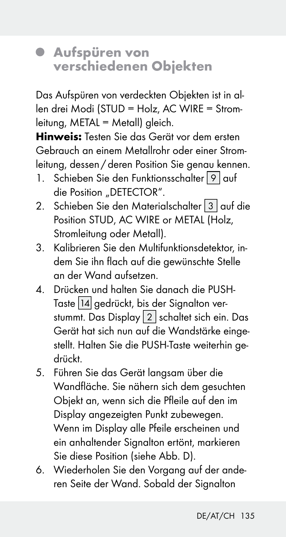 Aufspüren von verschiedenen objekten | Powerfix Z32114 User Manual | Page 135 / 141