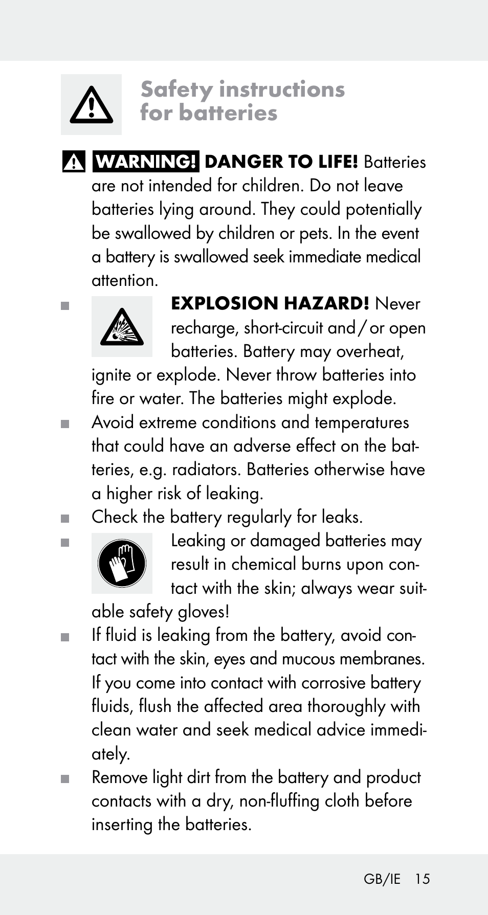 Safety instructions for batteries | Powerfix Z32114 User Manual | Page 15 / 141