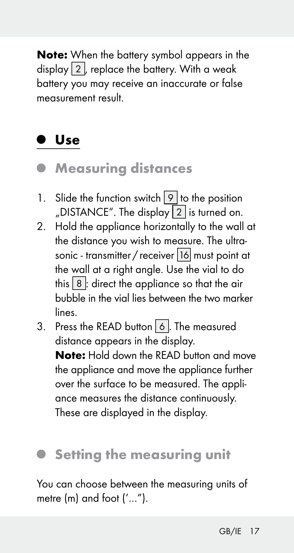 Use measuring distances, Setting the measuring unit | Powerfix Z32114 User Manual | Page 17 / 141