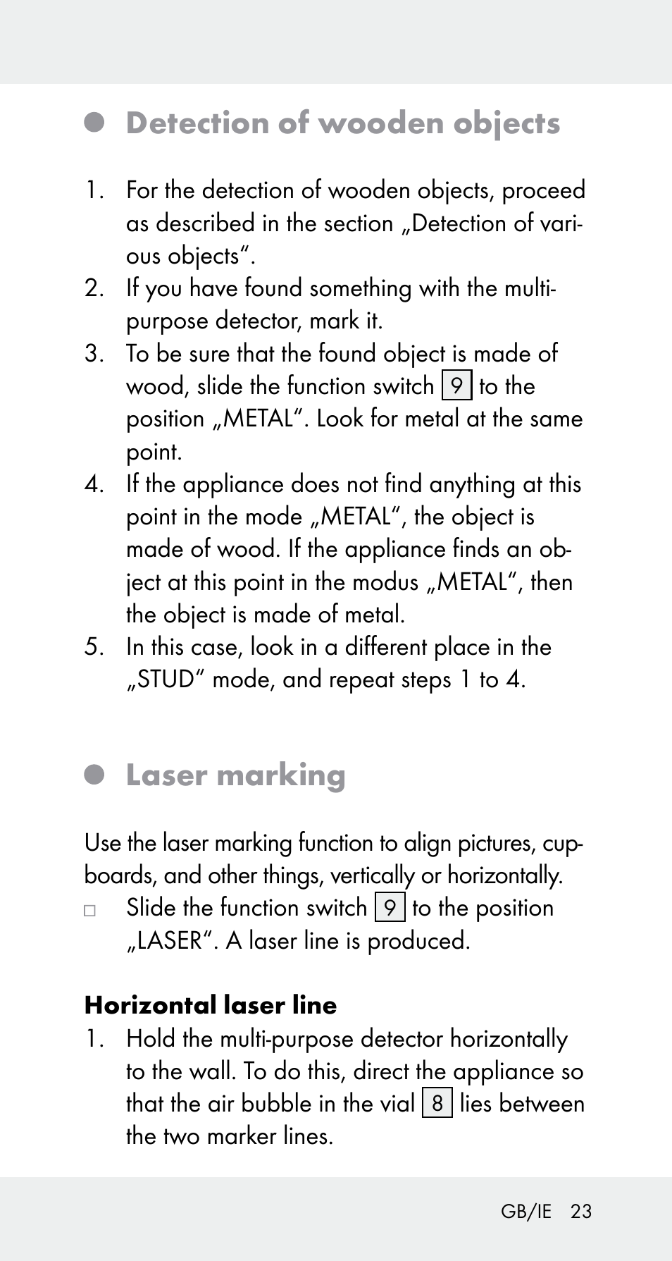 Detection of wooden objects, Laser marking | Powerfix Z32114 User Manual | Page 23 / 141