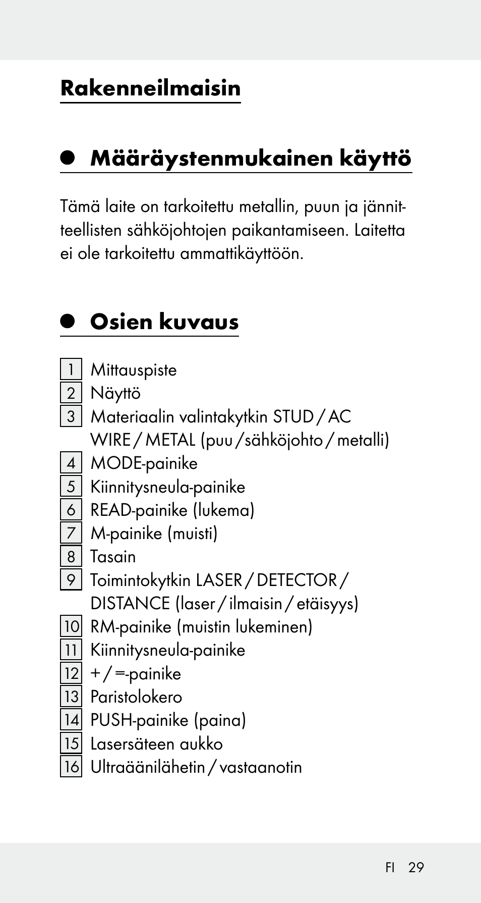 Rakenneilmaisin määräystenmukainen käyttö, Osien kuvaus | Powerfix Z32114 User Manual | Page 29 / 141