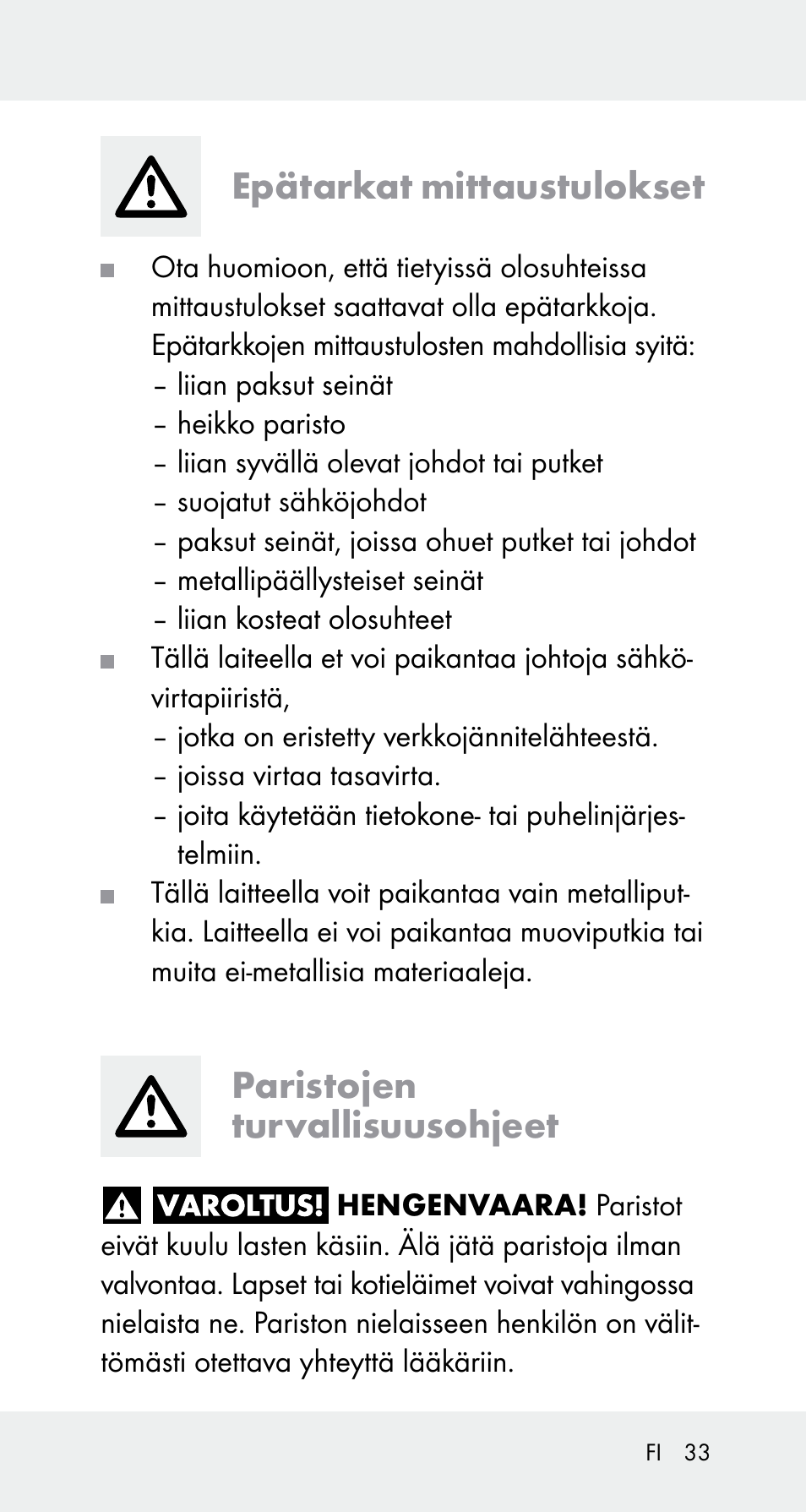 Epätarkat mittaustulokset, Paristojen turvallisuusohjeet | Powerfix Z32114 User Manual | Page 33 / 141