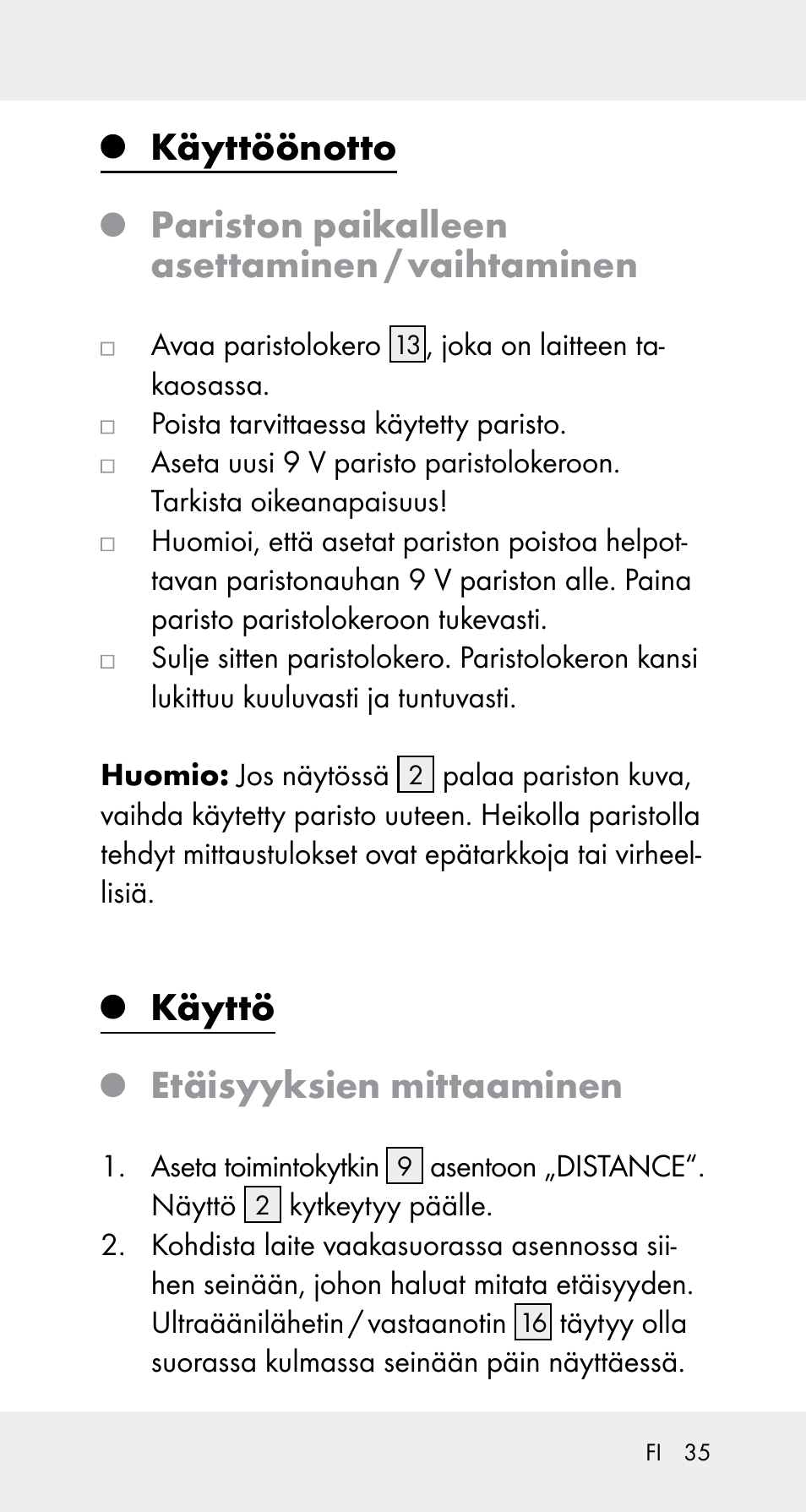 Käyttö etäisyyksien mittaaminen | Powerfix Z32114 User Manual | Page 35 / 141