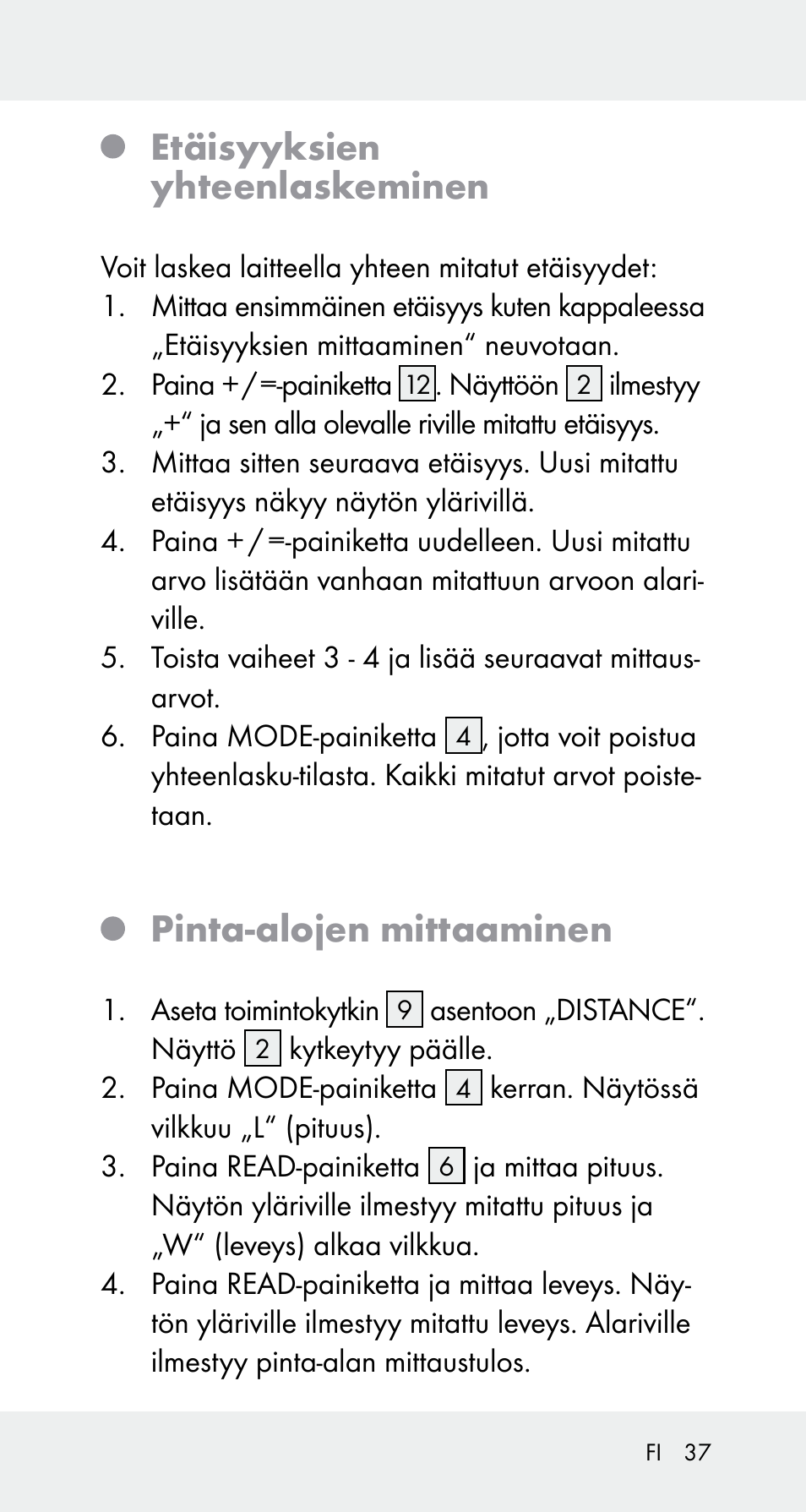 Etäisyyksien yhteenlaskeminen, Pinta-alojen mittaaminen | Powerfix Z32114 User Manual | Page 37 / 141