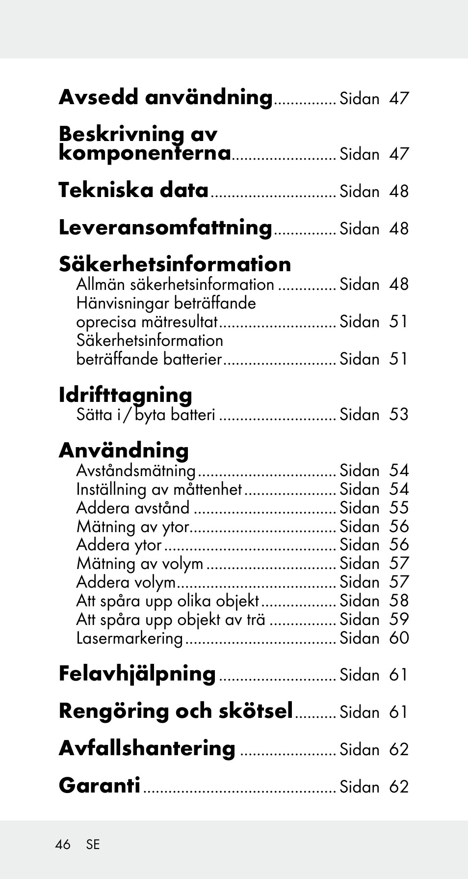 Avsedd användning, Beskrivning av komponenterna, Tekniska data | Leveransomfattning, Säkerhetsinformation, Idrifttagning, Användning, Felavhjälpning, Rengöring och skötsel, Avfallshantering | Powerfix Z32114 User Manual | Page 46 / 141