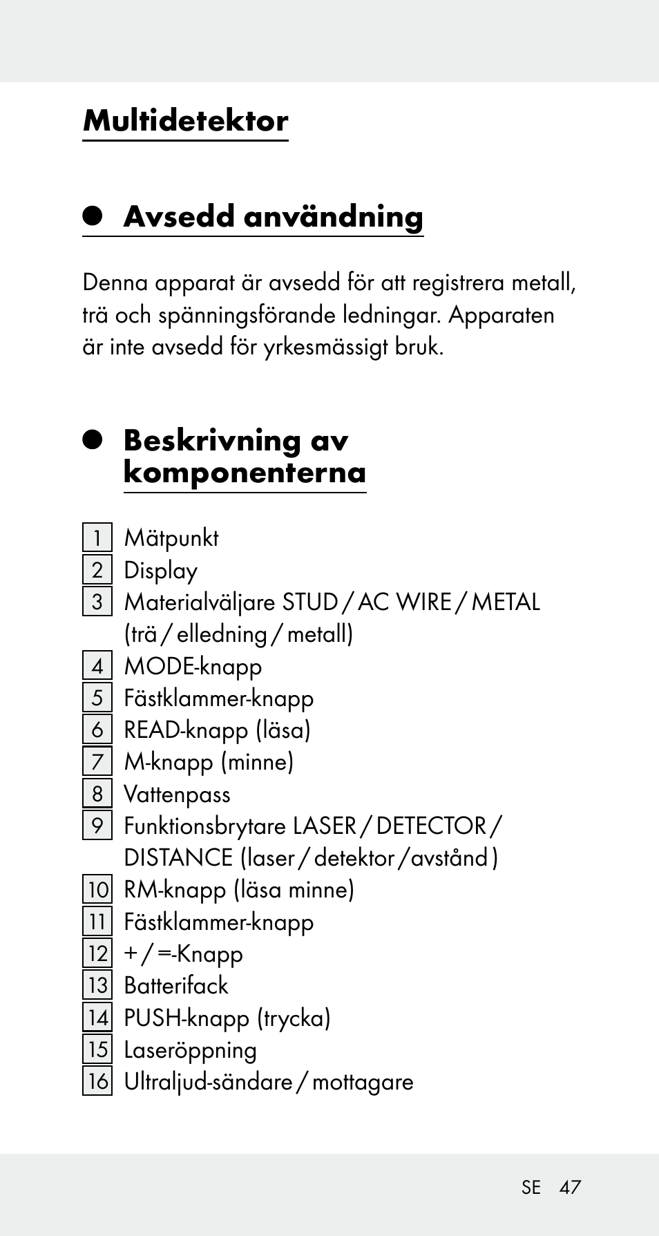 Multidetektor avsedd användning, Beskrivning av komponenterna | Powerfix Z32114 User Manual | Page 47 / 141