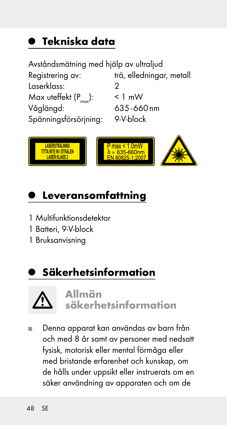 Tekniska data, Leveransomfattning, Säkerhetsinformation allmän säkerhetsinformation | Powerfix Z32114 User Manual | Page 48 / 141