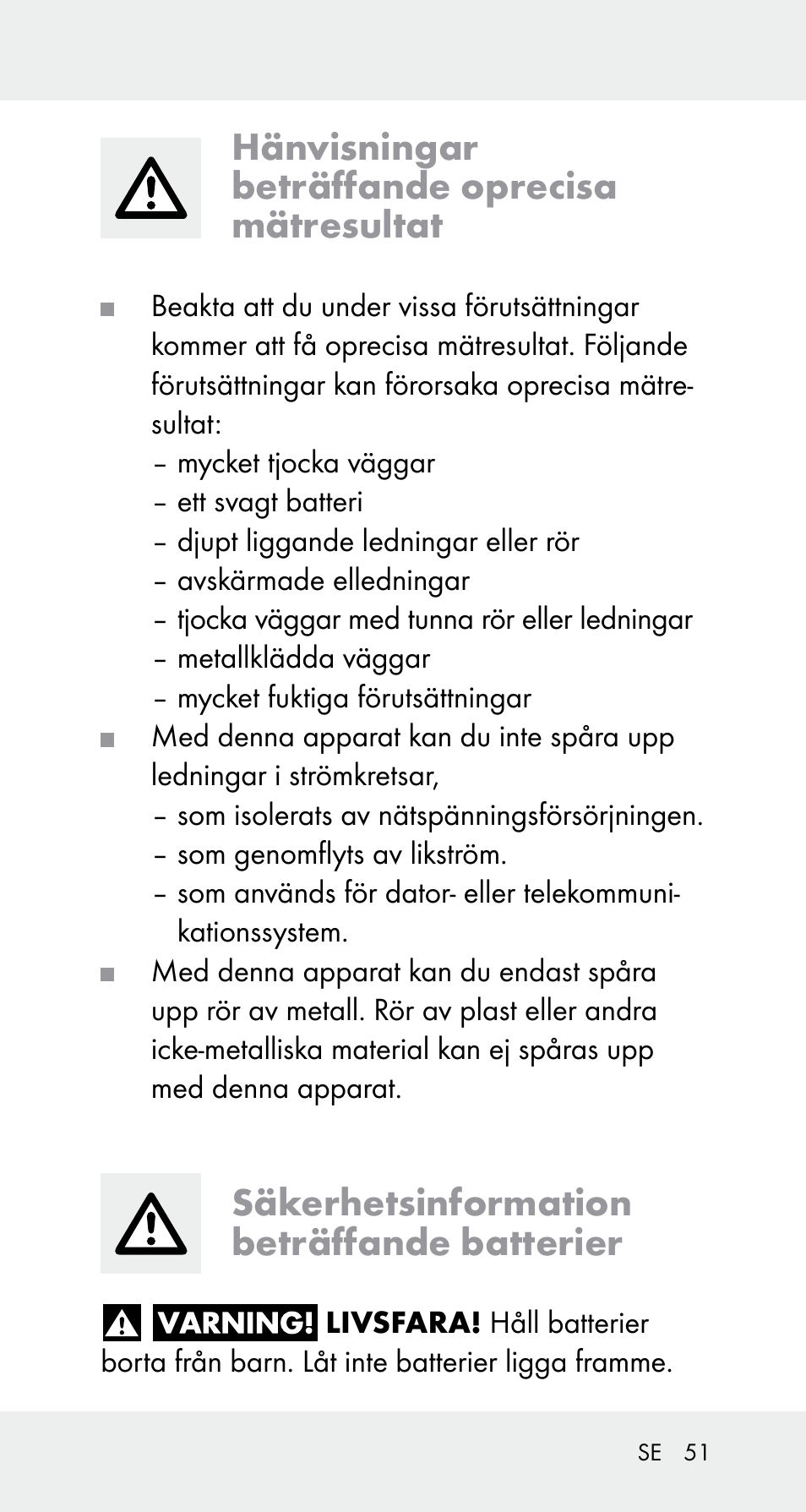 Hänvisningar beträffande oprecisa mätresultat, Säkerhetsinformation beträffande batterier | Powerfix Z32114 User Manual | Page 51 / 141