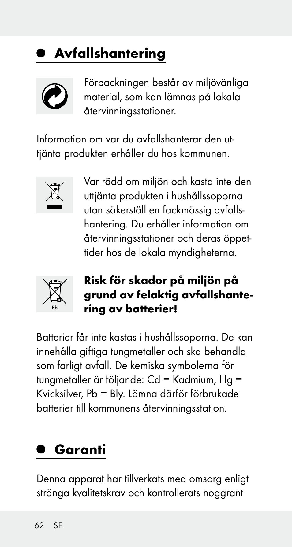 Avfallshantering, Garanti | Powerfix Z32114 User Manual | Page 62 / 141