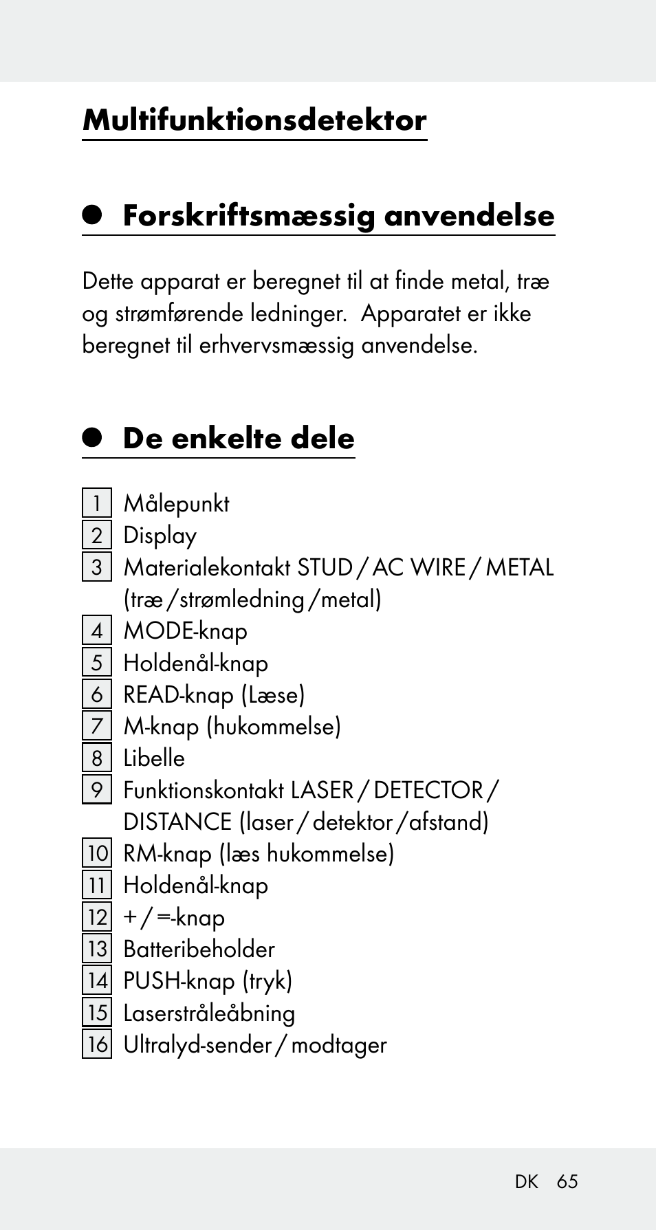 Multifunktionsdetektor forskriftsmæssig anvendelse, De enkelte dele | Powerfix Z32114 User Manual | Page 65 / 141