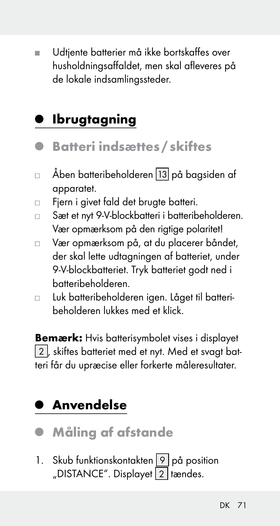 Ibrugtagning batteri indsættes / skiftes, Anvendelse måling af afstande | Powerfix Z32114 User Manual | Page 71 / 141