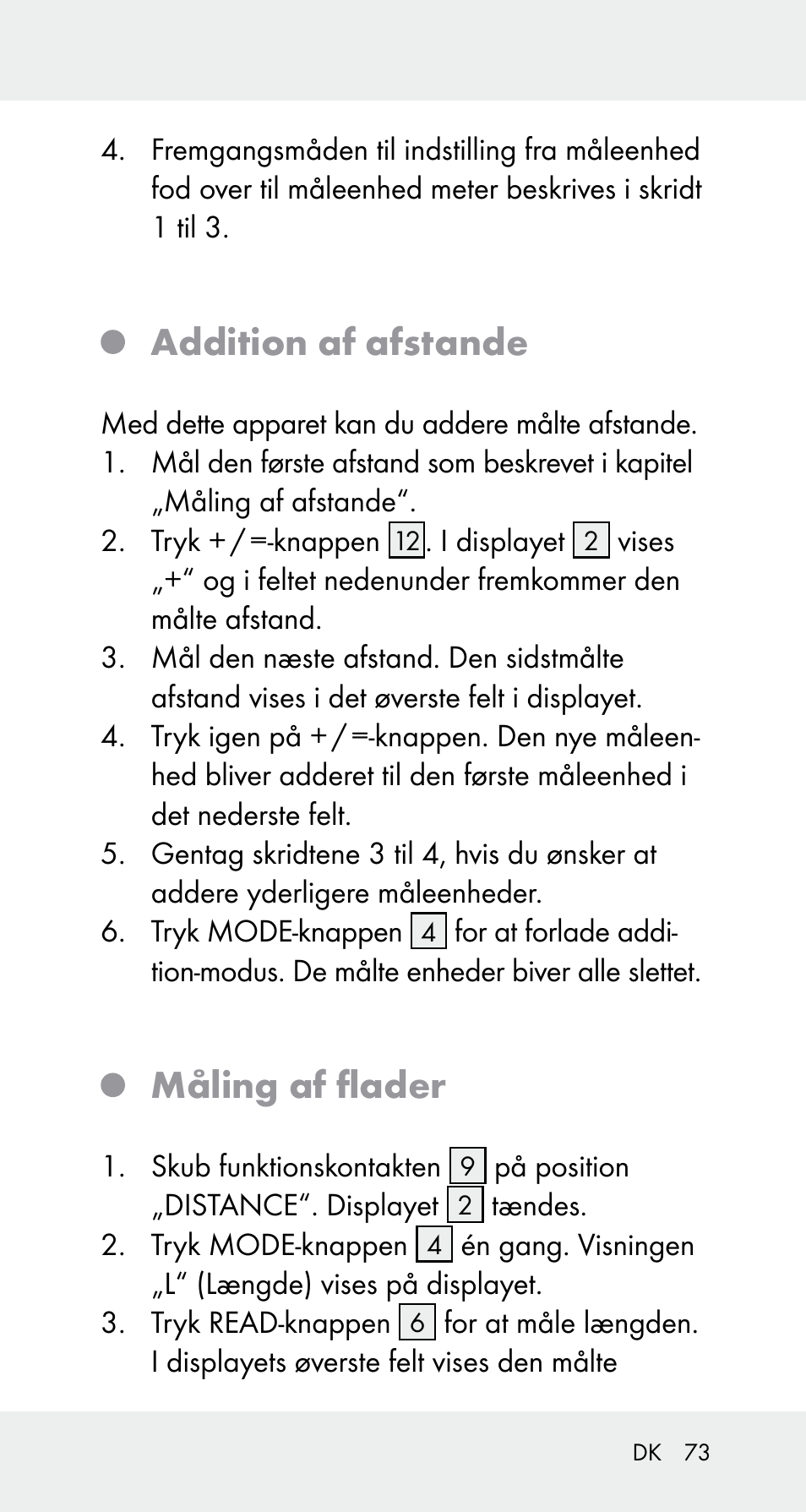 Addition af afstande, Måling af flader | Powerfix Z32114 User Manual | Page 73 / 141