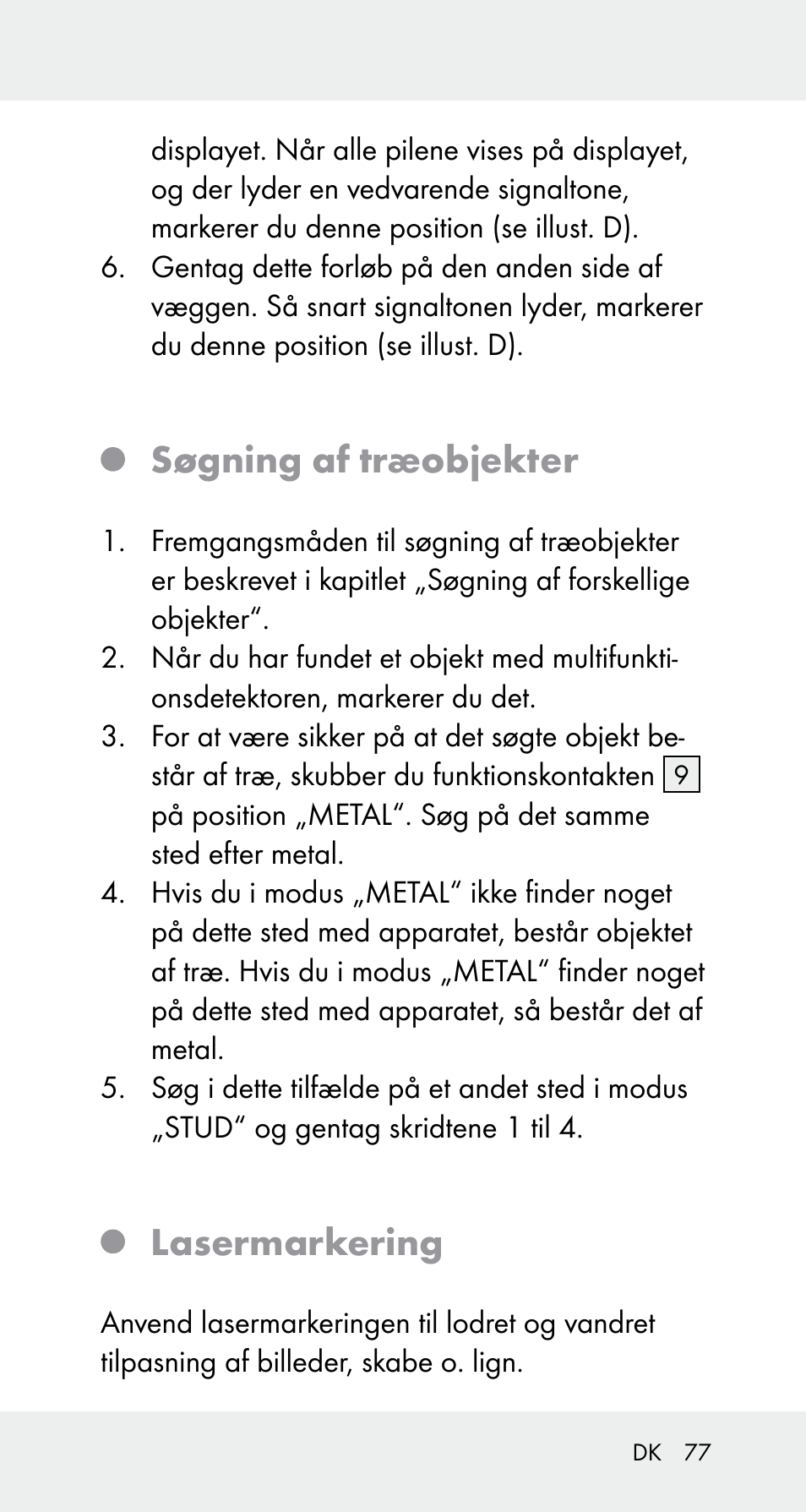 Søgning af træobjekter, Lasermarkering | Powerfix Z32114 User Manual | Page 77 / 141