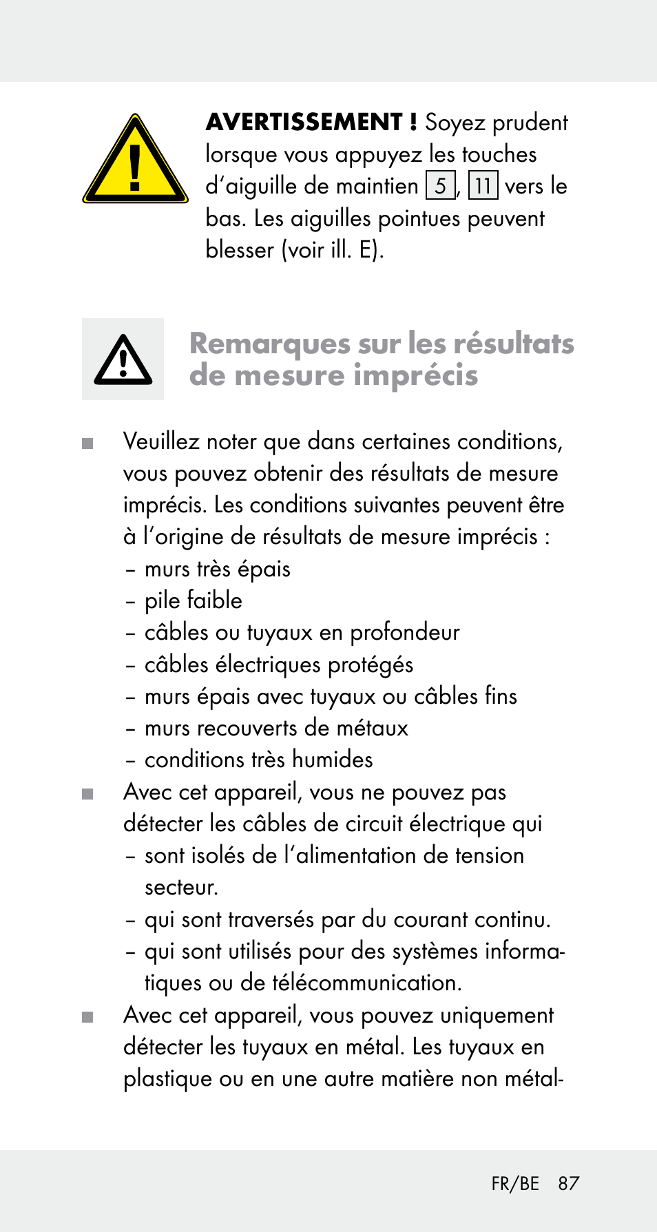 Remarques sur les résultats de mesure imprécis | Powerfix Z32114 User Manual | Page 87 / 141