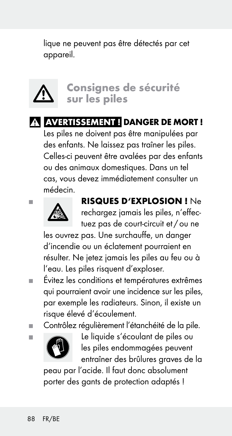 Consignes de sécurité sur les piles | Powerfix Z32114 User Manual | Page 88 / 141