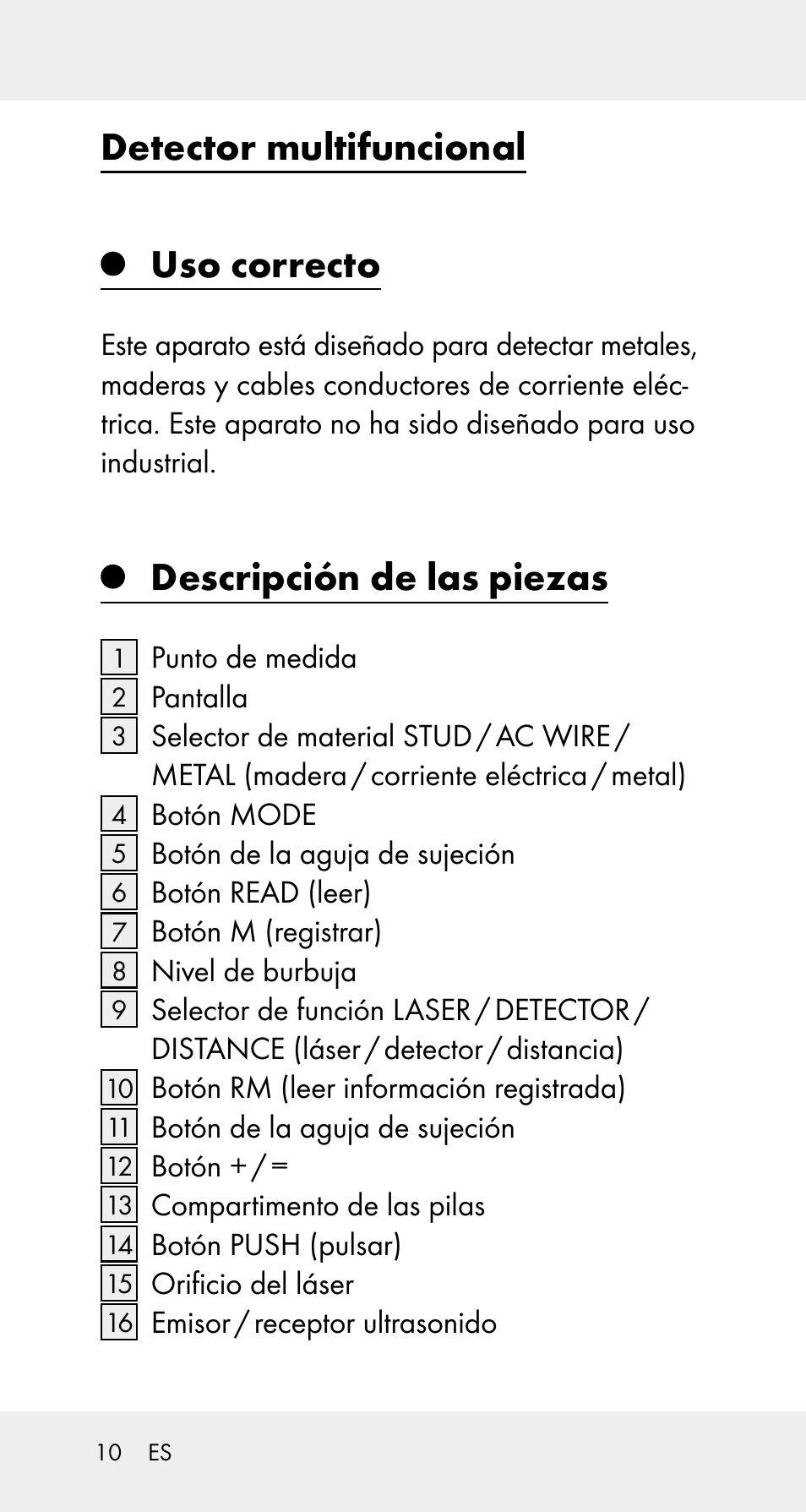 Detector multifuncional uso correcto, Descripción de las piezas | Powerfix Z32114 User Manual | Page 10 / 106