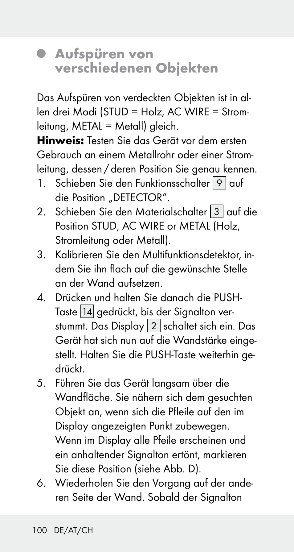 Aufspüren von verschiedenen objekten | Powerfix Z32114 User Manual | Page 100 / 106
