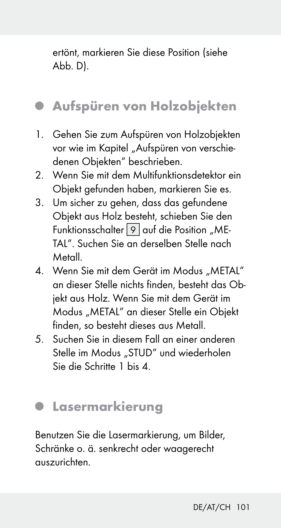 Aufspüren von holzobjekten, Lasermarkierung | Powerfix Z32114 User Manual | Page 101 / 106