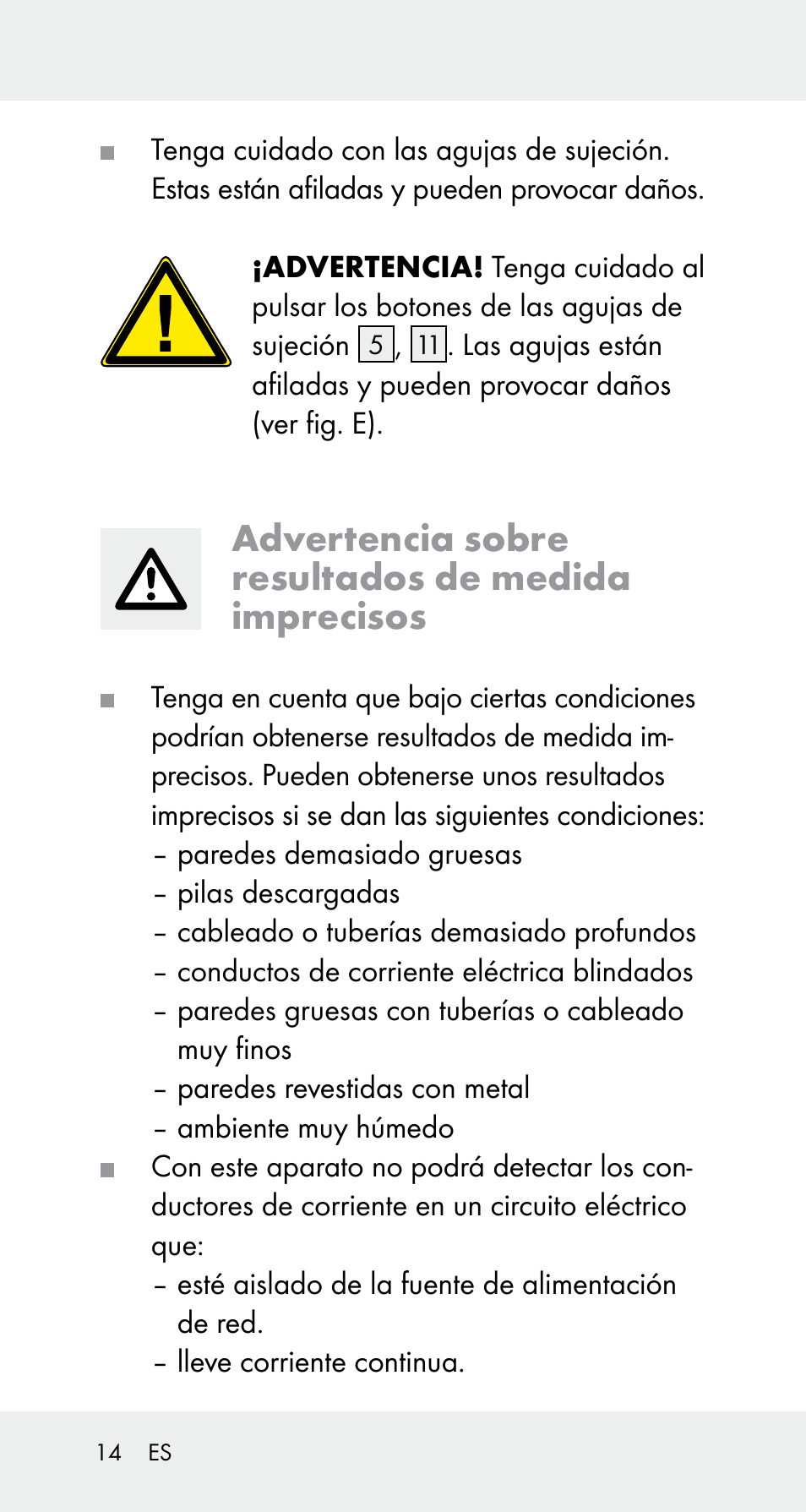 Advertencia sobre resultados de medida imprecisos | Powerfix Z32114 User Manual | Page 14 / 106
