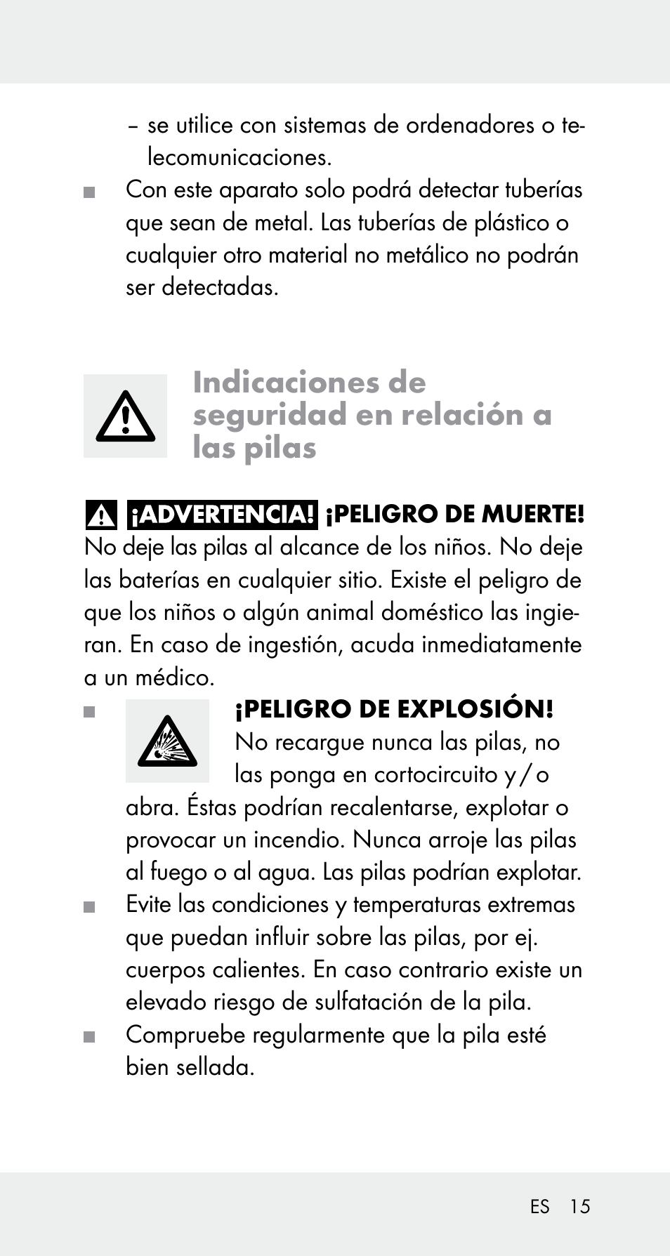 Indicaciones de seguridad en relación a las pilas | Powerfix Z32114 User Manual | Page 15 / 106