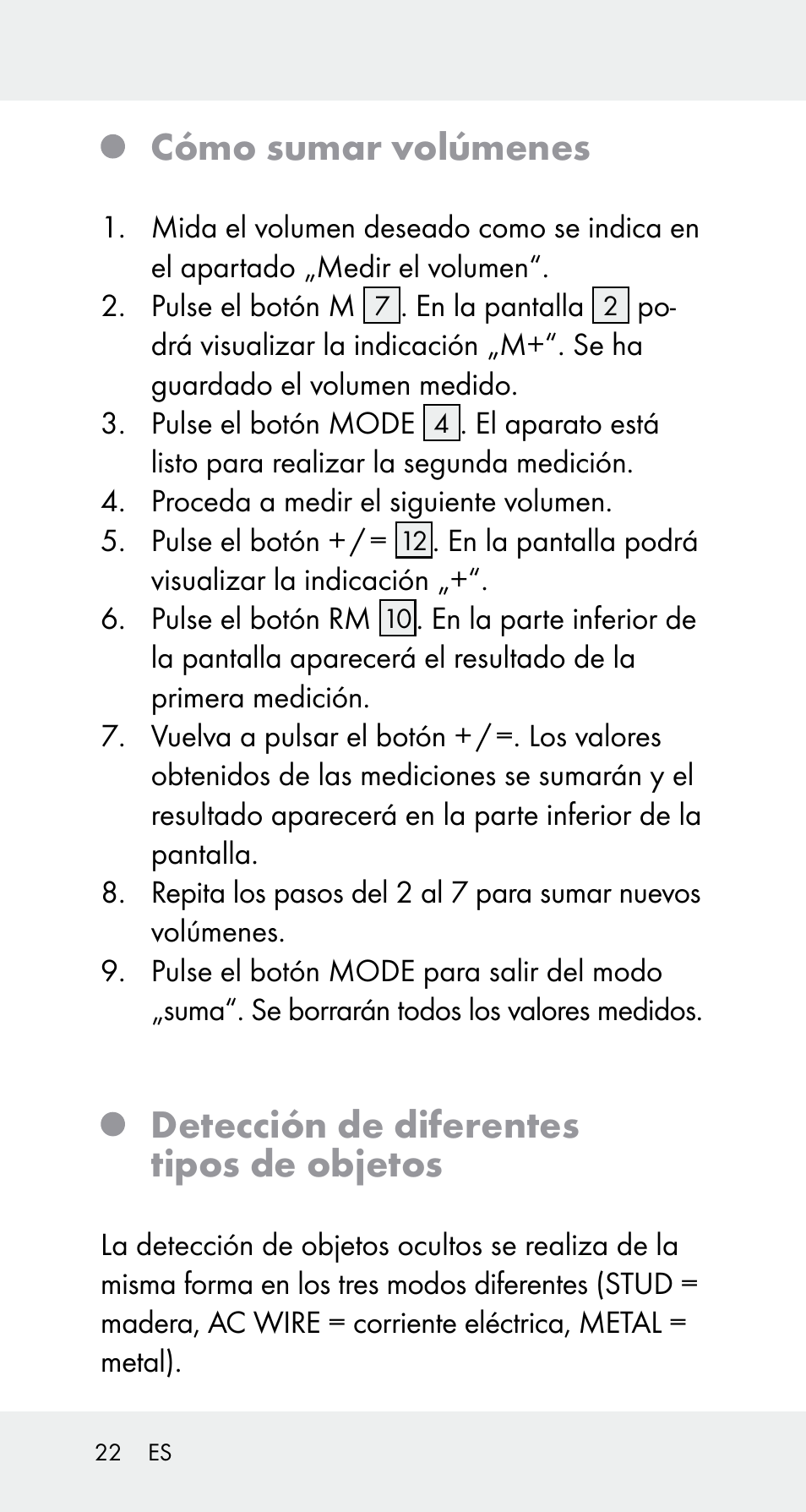 Cómo sumar volúmenes, Detección de diferentes tipos de objetos | Powerfix Z32114 User Manual | Page 22 / 106