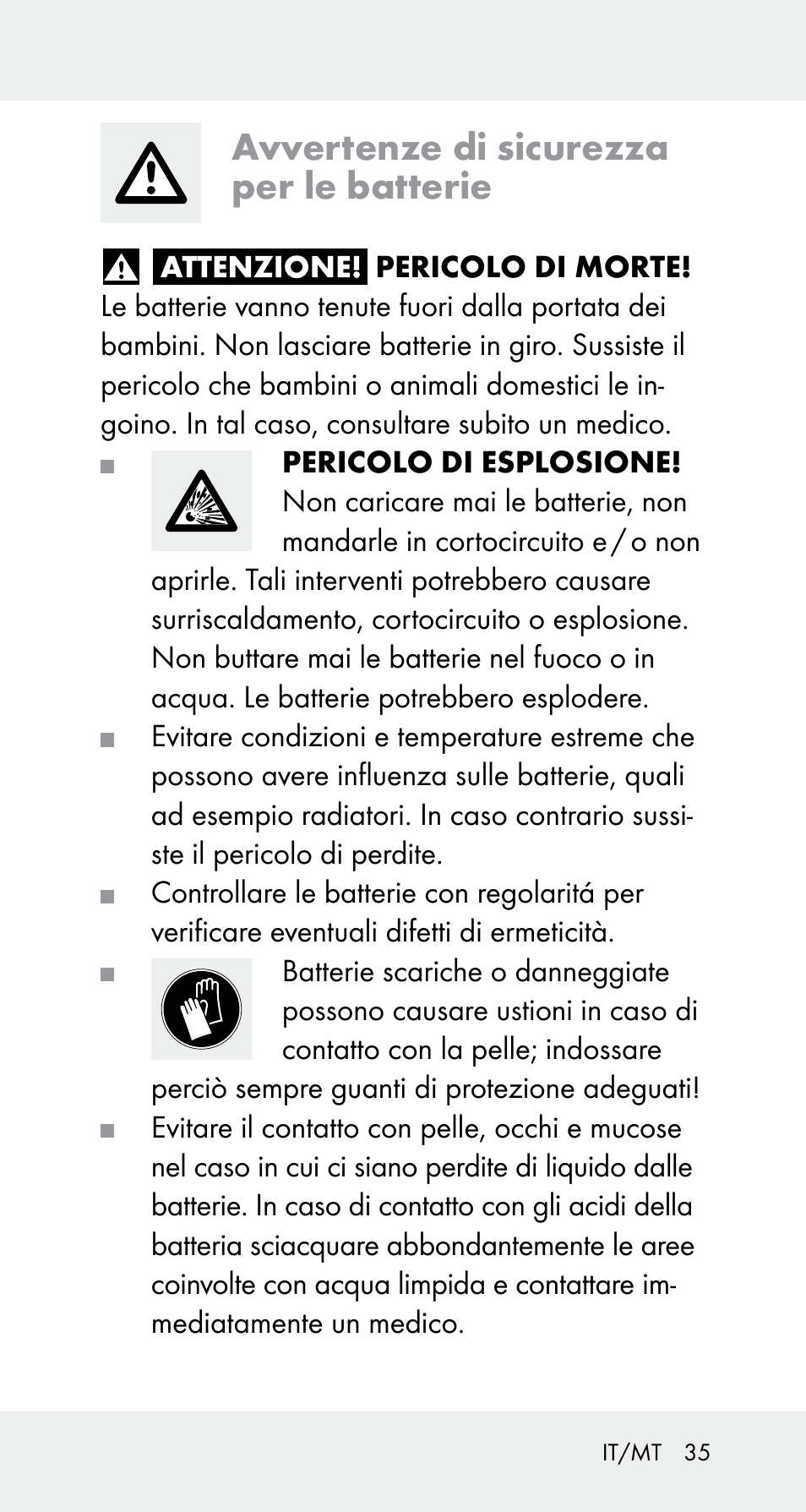Avvertenze di sicurezza per le batterie | Powerfix Z32114 User Manual | Page 35 / 106