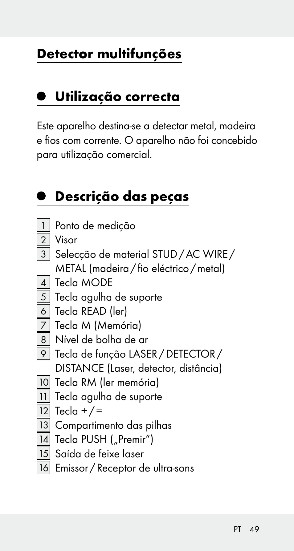 Detector multifunções utilização correcta, Descrição das peças | Powerfix Z32114 User Manual | Page 49 / 106