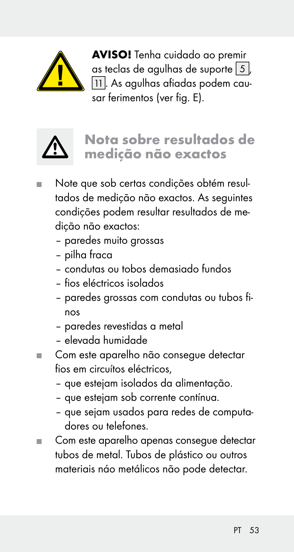 Nota sobre resultados de medição não exactos | Powerfix Z32114 User Manual | Page 53 / 106