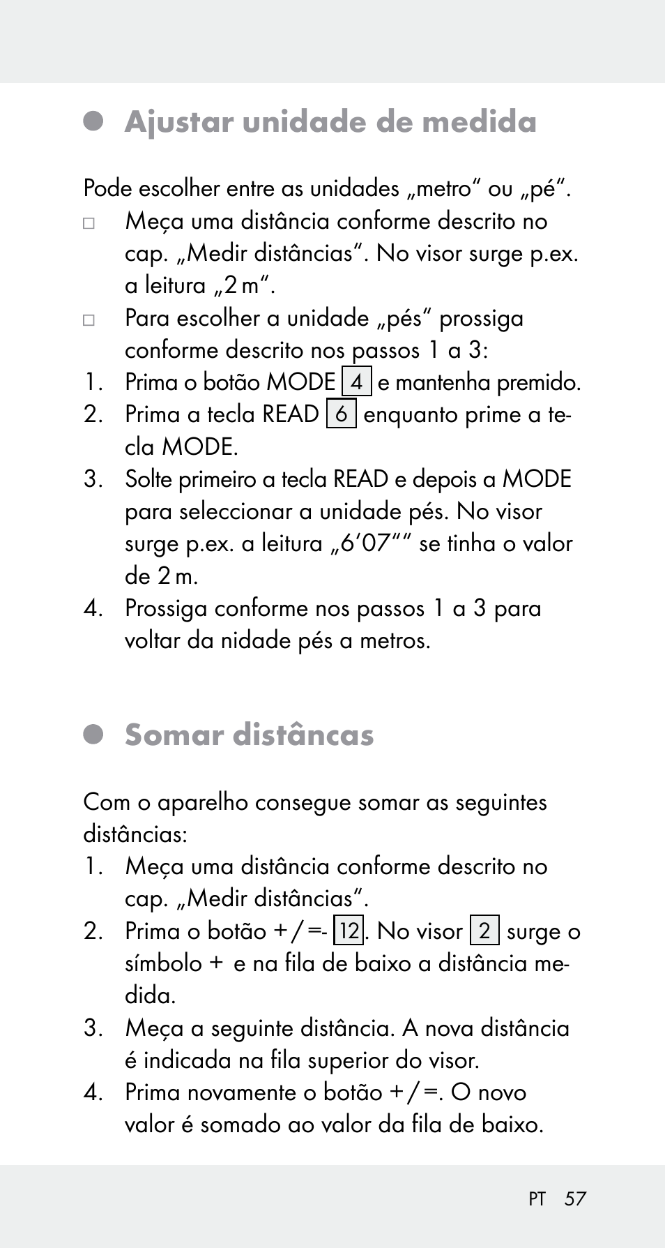 Ajustar unidade de medida, Somar distâncas | Powerfix Z32114 User Manual | Page 57 / 106