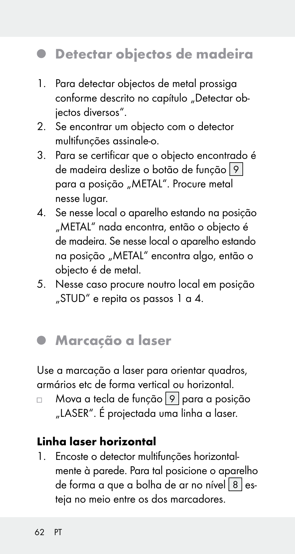 Detectar objectos de madeira, Marcação a laser | Powerfix Z32114 User Manual | Page 62 / 106