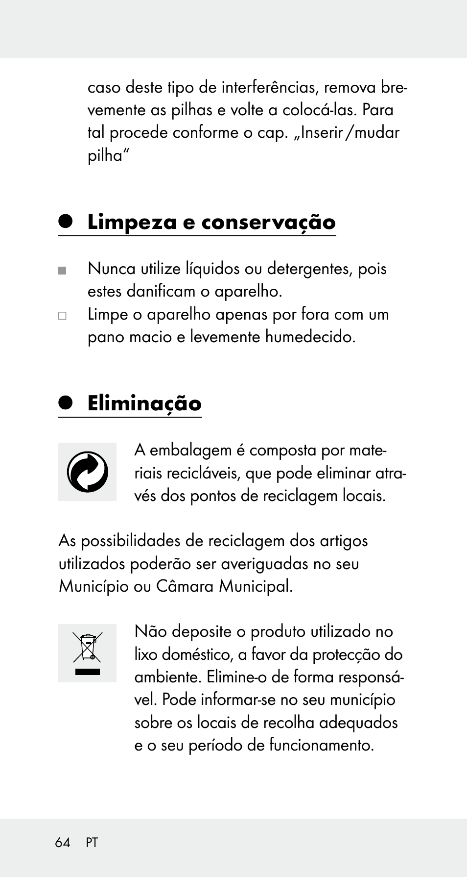 Limpeza e conservação, Eliminação | Powerfix Z32114 User Manual | Page 64 / 106