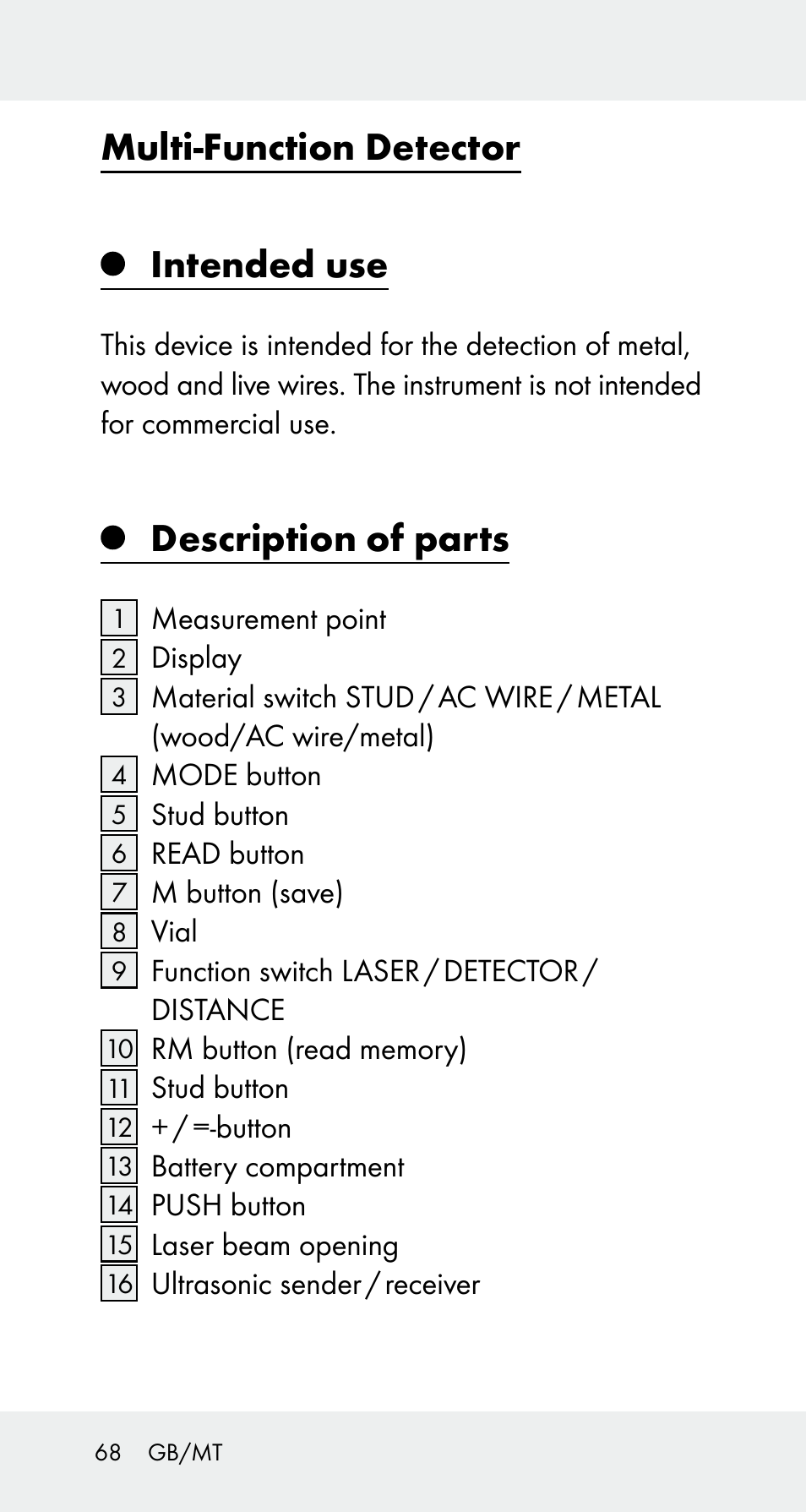 Multi-function detector intended use, Description of parts | Powerfix Z32114 User Manual | Page 68 / 106