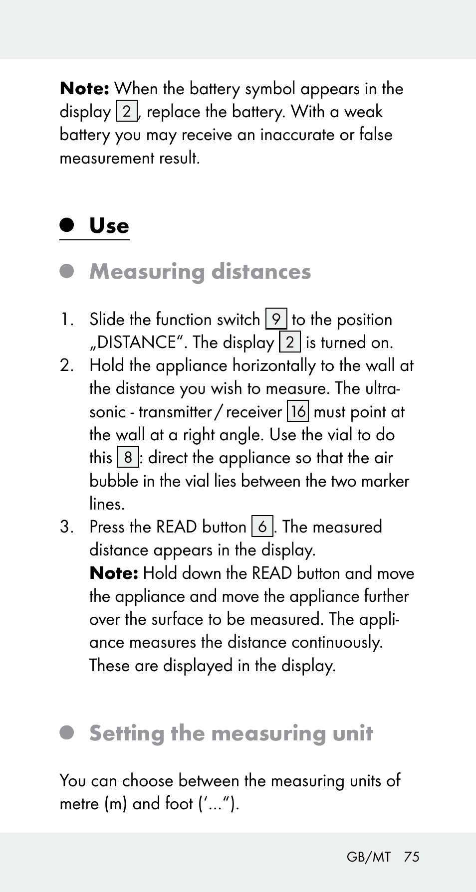 Use measuring distances, Setting the measuring unit | Powerfix Z32114 User Manual | Page 75 / 106